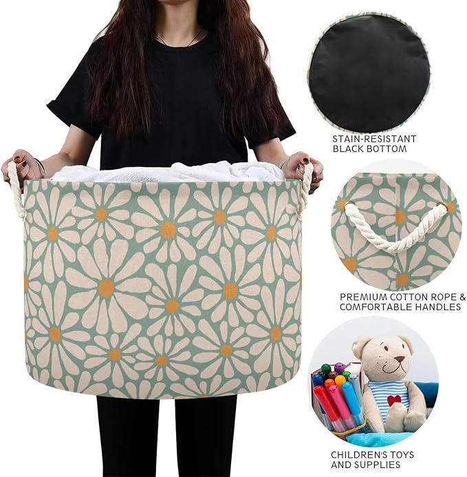 Green Daisy Flower Collapsible Round Storage Basket with Handles | Groovy Floral Large Laundry Baskets Hamper, Clothes Organizer Bin for Nursery Bedroom Living Room Decor, 20x 20x 14 Inches