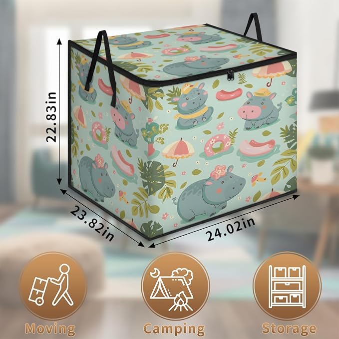 Hippopotamus Large Storage Bags, Fabric Bed Storage Containers, Foldable Closet Organizers for Blanket, Clothing, Comforter, Bedding, Tropical Theme