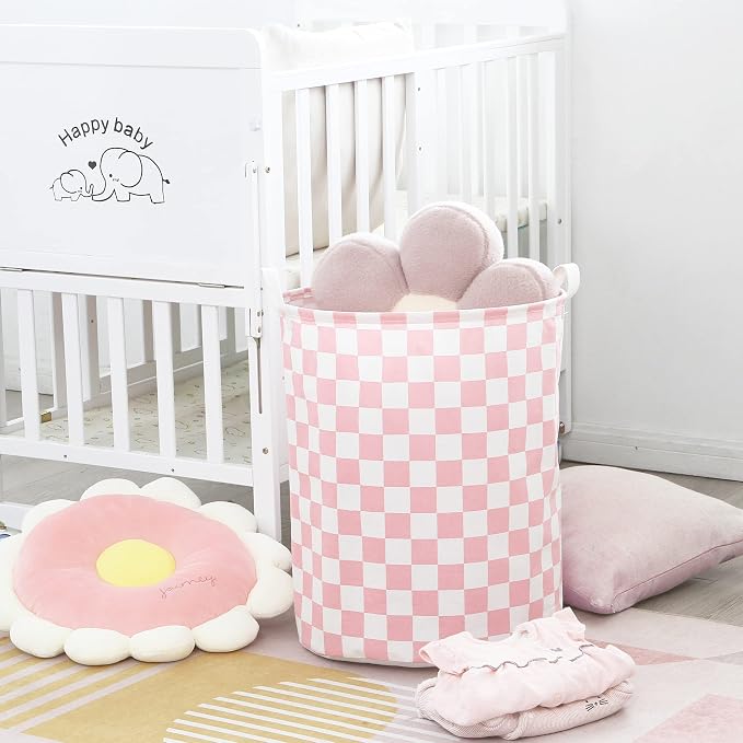 Sea Team Large Canvas Laundry Basket with Handles, Pink Grids | Collapsible Fabric Laundry Hamper, Closet Shelf Organizers, Containers for Clothing, Blankets, Toys, Bedding, 19.7 x 15.7”