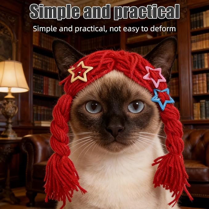 Funny Cat Braids Wig with Red Yarn and Bows, Comfortable Fit and Washable Pet Costume Accessory for Holiday Celebrations and Cat Selfie Props