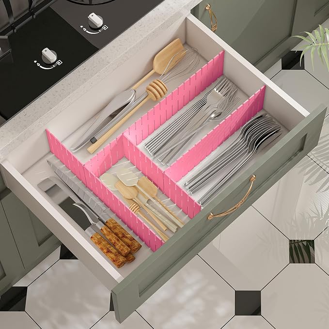 Adjustable Drawer Dividers, Cut to Fit Plastic Organizer Strips, 8-Pack | Plastic Drawer Dividers for Organizing Utensils Socks Underwear Makeup in Kitchen Bedroom Drawers Bins Fridge Compartments