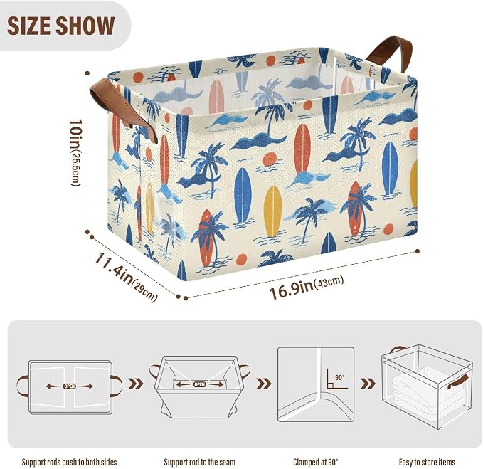 Hawaii Palm Tree and Retro Surfboard Storage Basket Foldable Cube Storage Bins with Handles&Label Collapsible Organizer Box Bin Large Rectangle Decorative Baskets for Shelves Home Room Laundry