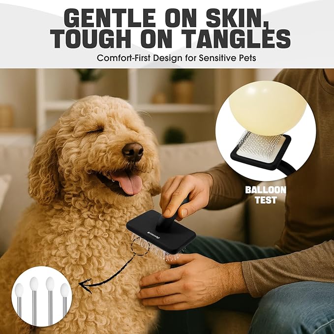 Bonteck Dog Slicker Brush for Dogs Grooming Kit 4PCS | Large Dog Brush for Goldendoodles Poodles Doodles | Long Pin Haired Brush | Poodle Brushes and Comb (Black)