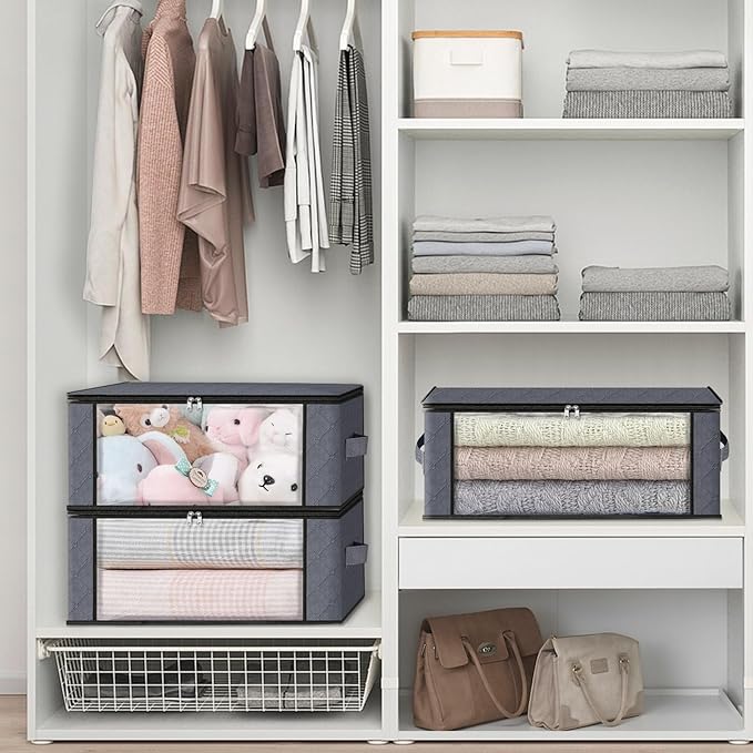 HomeHacks Storage 4-Pack Clothes Organizer Storage Bags Foldable Storage Box with Large Clear Window Sturdy Handles for Closet, Dorm, Pillows, Bedding, Clothes, Stuffed Toys, Blankets, Grey | Foldable Storage Box Container with Zippers, Clear Window, R...