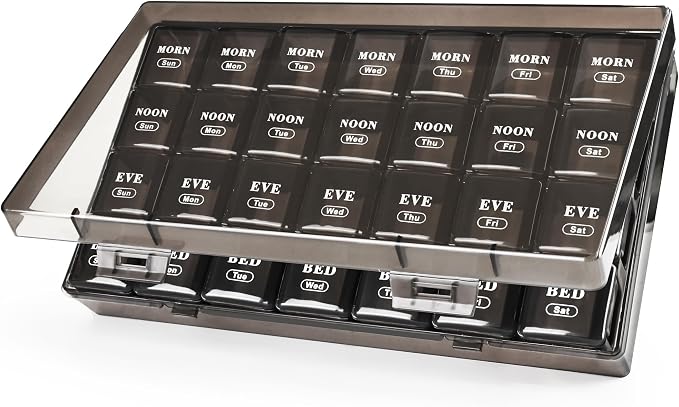 MOLN HYMY Pill Organizer 4 Times a Day, 7 Day Weekly Pill Box with 28 Big Compartments, Portable Travel Medicine Planner for Vitamins, Fish Oils, Supplements (Black, Large)