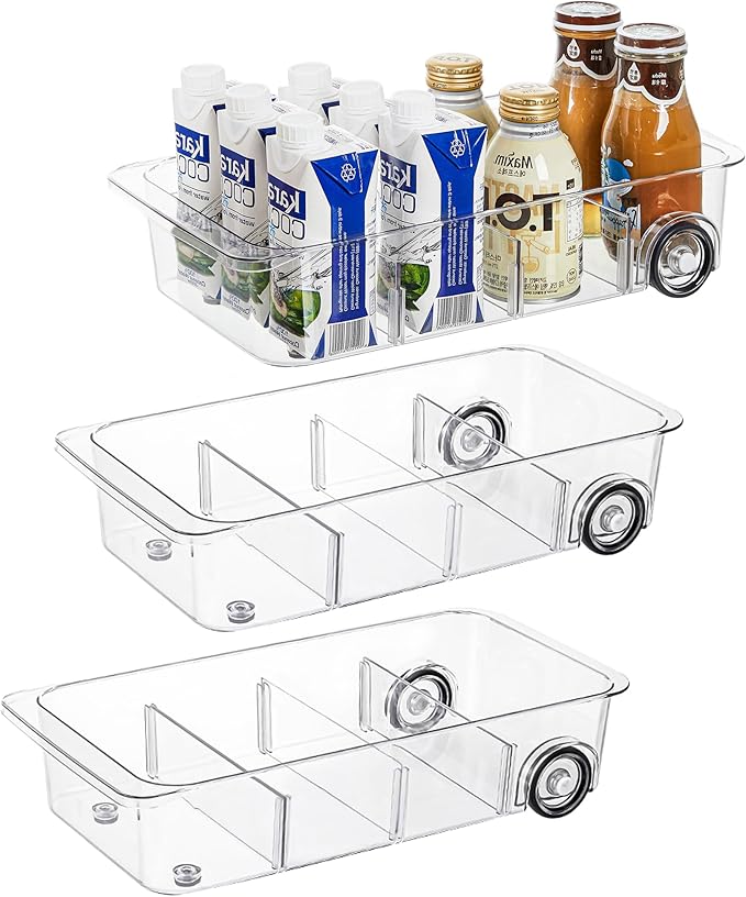 Roll-Out Refrigerator Organizers and Storage, 3 Pack Drawer Fridge Bins | Rolling Fridge Caddy, Silicone Wheels, Adjustable Dividers, Plastic Refrigerator Tray, for Fridge, Pantry, Bathroom & Kitchen