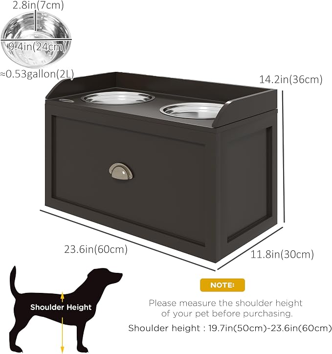 PawHut Dog Feeding Station with Storage Drawer, Dog Food Storage Cabinet with 2 Removable Elevated Pet Bowls for Large Sized Dogs, Coffee | 2 Removable Elevated Pet Bowls, for Large Sized Breeds