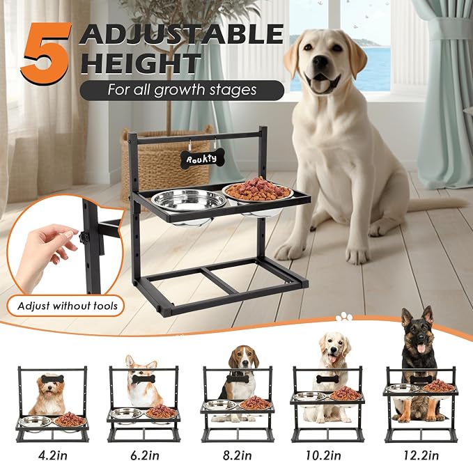 ADENGL Elevated Dog Bowls with Slow Feeder Dog Bowls, 5 Height Adjustable Raised Bowl Stand with 2 Stainless Steel Food & Water Container, Pet Bowl Elevated for Medium Large Pet