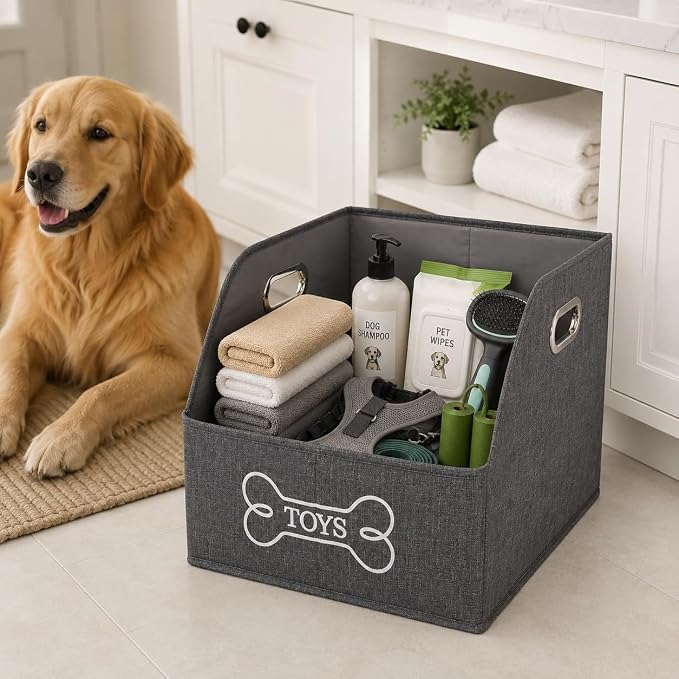 Large Dog Toy Storage Bin, Foldable Trapezoid Box with Handles | Canvas Fabric,Large Capacity, for Pet Supplies,Pet Toy Organizer Basket, Sturdy Metal Handles ,Easy Carry pet storage-Gray