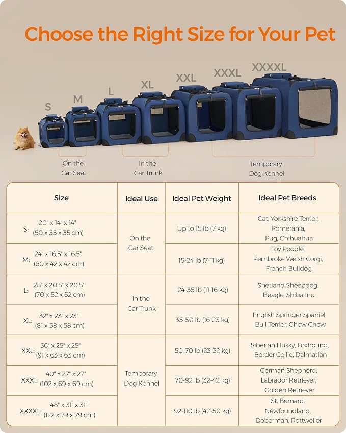 Feandrea Collapsible Soft Dog Crate, Portable Travel, 24 Inches | Dog Carrier Kennel with Safety Zippers for Living Room, Car, Travelling, Dark Blue UPDC60Z