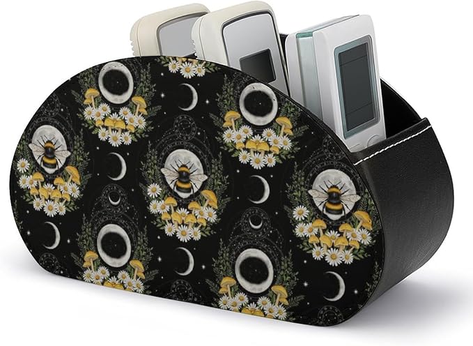 Remote Control Holder for Table Witchy Moon Floral Bee Desktop Storage Box | Makeup Brush Caddy with 5 Compartments, Witchy Gothic Moon Mushroom Floral Bee Bedside Table Organizer Office Supplies