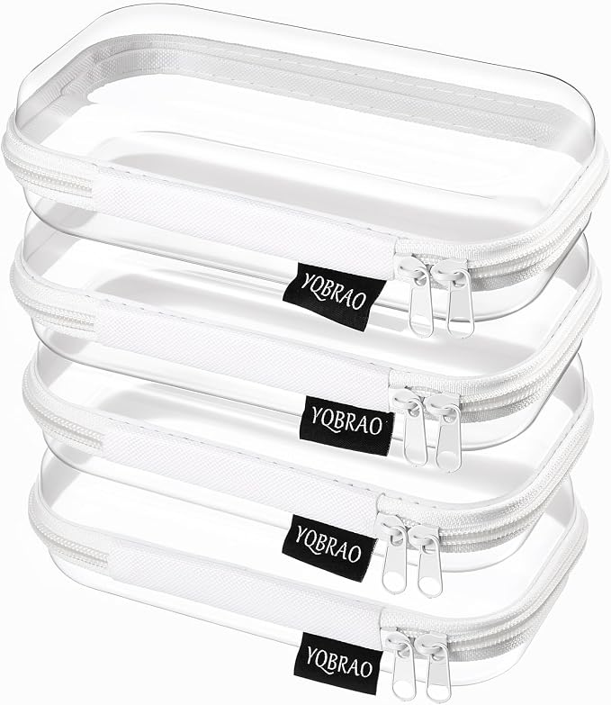 YQBRAO Clear Hard Shell Zipper Cases, 4 Small Cable Organizers, White | Rigid 1.2 mm PET and YKK dual zippers for cosmetics, charging cords, pens and travel accessories
