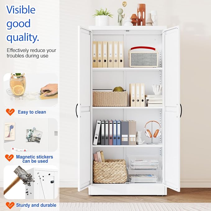 GAIOUS 63" Tall Metal Storage Cabinet White Cupboard Kitchen Pantry Cabinet | with 2 Doors and 3 Adjustable Shelves,Steel Freestanding 4 Tier File Cabinet for Office Dining Bathroom Bedroom,Food Storage