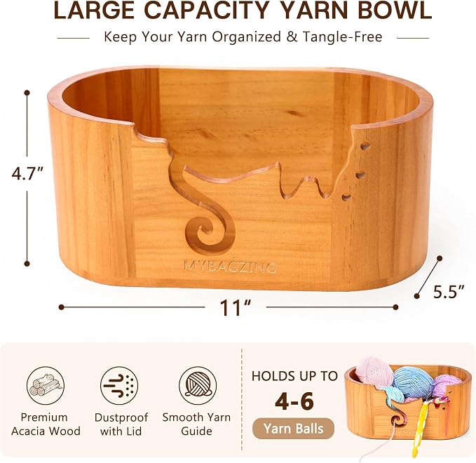 MYBAGZING Wooden Yarn Bowl with Lid, Large Acacia Crochet Yarn Holder with Phone Stand & Tool Tray, Yarn Storage Organizer for Knitting & Crocheting, Floral Design Gift for Crocheters