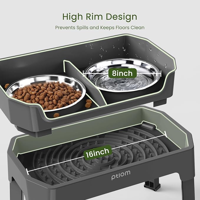 3-in-1 Elevated Dog Bowls Mess Proof Raised Slow Feeder Dog Bowls, 4 Height Adjustable Dog Bowl Stand Licking Plate with 2 56oz Stainless Steel Dog Food Bowls for Small Medium Large Dogs Pets
