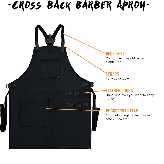 Under NY Sky Barber Apron, Cross-Back, Leather Loops, Flapped Pocket, Black | Oxford Canvas Resists Liquids, Chemicals, Ink, Dye. All Reinforced. Easy Sanitation For Hair Stylist, Salon, Colorist, Barber