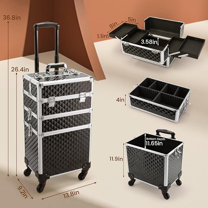 3 in 1 Rolling Makeup Case Cosmetology Case on Wheel Vintage Black | Cosmetic Trolley Large Storage with Keys 360° Swivel Salon Barber Case Traveling Cart Trunk for Artist Hairstylists Nail Tech