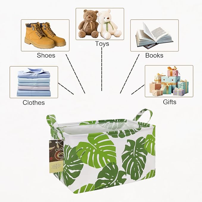 Rectangle Foldable Storage Basket Handles For Home, Leaf | Waterproof canvas material, reinforced handles, perfect for shelf use, organizes clothes, daily items and pet supplies