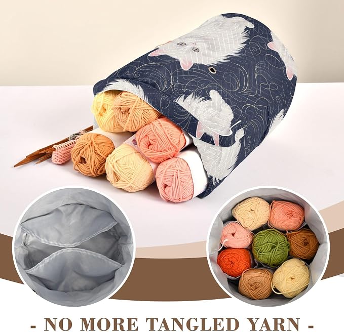 Fustylead Cute White Persian Cat on Dark Background Large Yarn Storage Tote Basket, Knitting Crochet Drawstring Organizer Bag for Crocheting Project, Yarn Balls, Needles Accessories