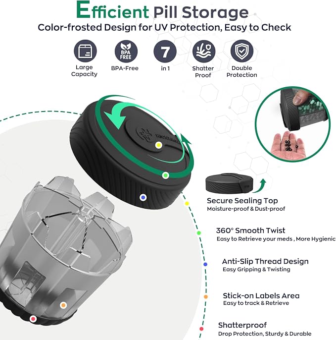 HIONXMGA Large Pill Organizer Anti-Mix, 7-Compartment, 20 Labels, BPA-Free | Portable Pill Dispenser Easy to Open & Retrieve, Wide Opening Design Easy Access for Vitamins, Fish Oils, Supplements