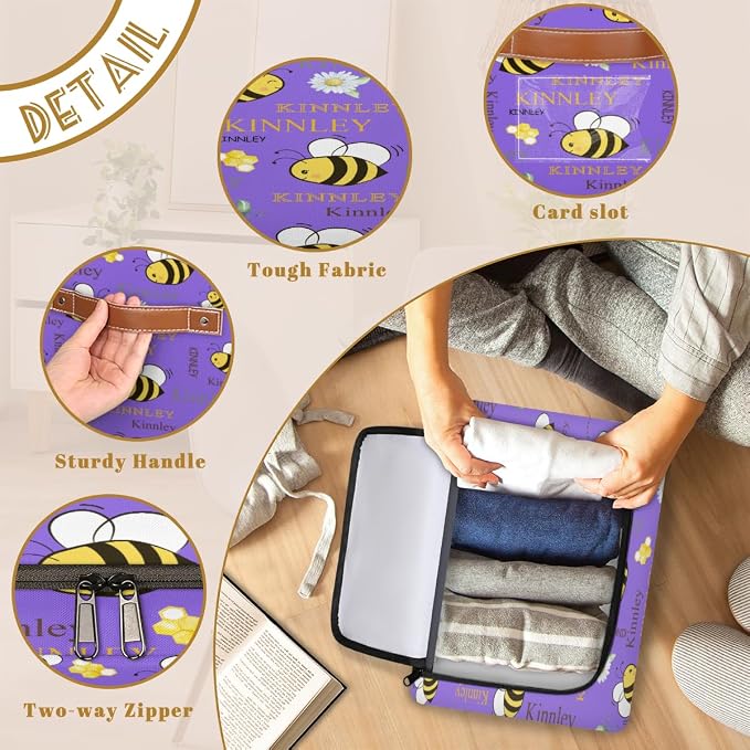 Custom Rectangle Storage Basket Zipper Lid, Personalized Name Medium Purple Organizer Bin for Pet/Children Toys, Books, Clothes, Perfect for Rooms/Playroom, Bee with Daisy Floral