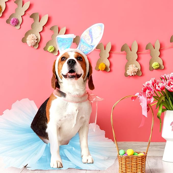 2 Pcs Dog Crown Headband Dog Tutu Dress Set Crystal Rhinestone Tiara Crown Tutu Skirt Pet Dress Costume for Puppy Birthday Party Wedding Photo Prop Costume(Blue,X Large)