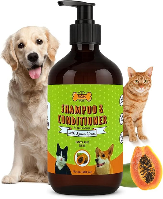 POM Pets 2-in-1 Organic Dog Shampoo & Conditioner – Itchy Skin Relief, Dog Deshedding, Detangles Fur, Cat Shampoo, Paw Cleaner for Dogs, Natural Coat Defense Formula