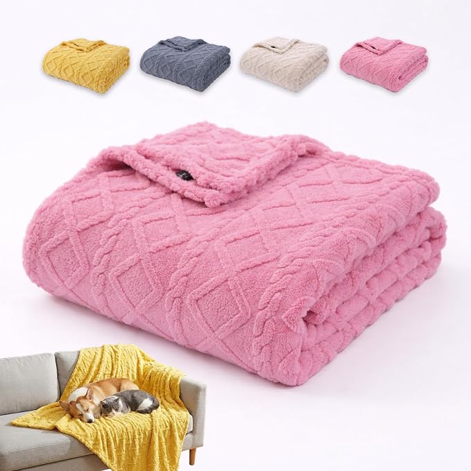 Emotional Support Blanket Yellow for Dogs, Soft Plush Polyester Dog Blanket with Cable Knit Pattern, Blanket for Couch, Bed, Crate, Car, Machine Washable (Pink, 150 * 200cm/59.05 * 78.74in)