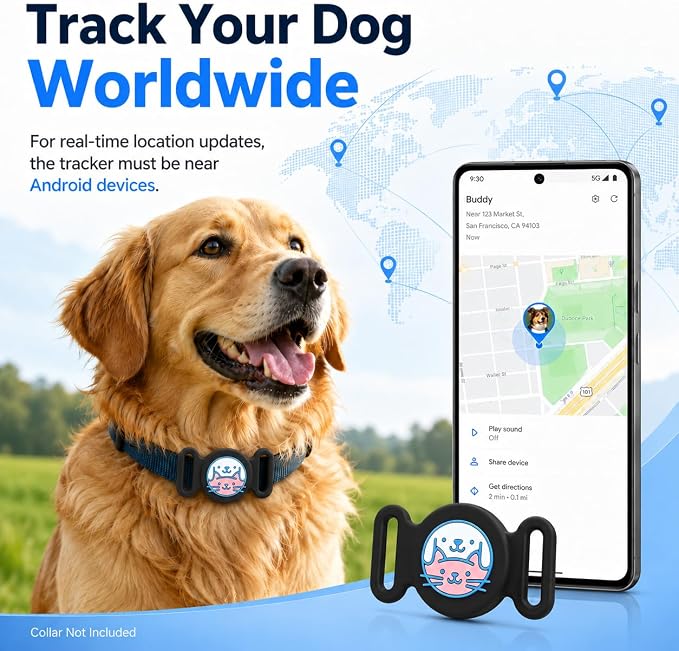 GPS Collar for Dogs, Pet Tracker for Dogs (Android Only), Waterproof Smart Tag Compatible with Google Find My, No Monthly Fee, Dog GPS Tracker Collar for Small Large Dogs (Android Tracker for Dog)