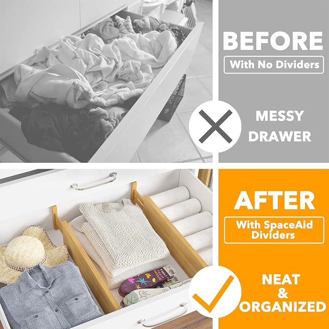 SpaceAid 4“ High Bamboo Deep Drawer Dividers with Labels, Kitchen Adjustable Drawer Organizers, Expandable Organization for Home, Office, Dressers and Bathroom, 2 Dividers (17-22 in)