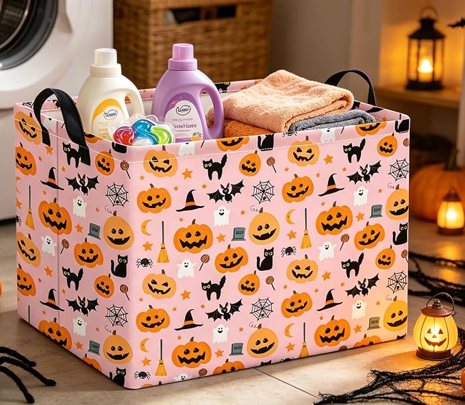 Rectangle Storage Basket with Handles,Collapsible Storage Bin,Books Box,Gift Basket(Pink Cat Halloween)