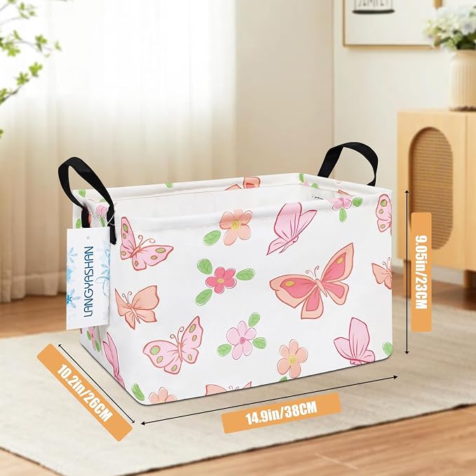 Rectangular Collapsible Pink Butterfly Storage Basket Nursery Organizer | Storage Bin Foldable Canvas with Handles for Organizing Home Kitchen Children Toys Office Closet Shelf Baskets