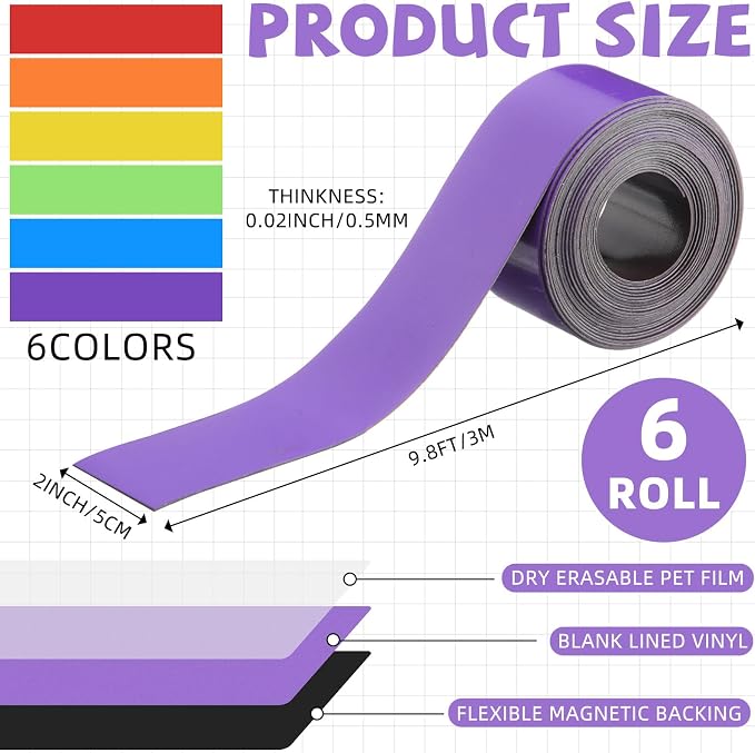 6 Pcs Dry Erase Magnetic Tapes for Classroom Colored Rainbow Adhesive Magnetic Strips Blank Sticky Labels Writable Sheet for Back to School Whiteboard Refrigerator DIY(2 in X 9.8 ft,Classic)