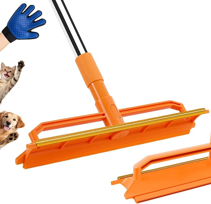 Carpet Rake for Pet Hair Removal, Durable Silicone & Metal Scraper Dog & Cat Pet Hair Remover, Adjustable Long Handle 59'' Pet Hair Carpet Rake for Rugs, Mats, Couch, Furniture