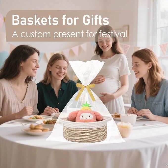 JMvicyroam Small Woven Basket, Empty Gift Basket, White&Brown Block/1 Pack | Small Gift Basket, Cotton Rope, 12 x 8 x 84 in, Handles, Includes Ribbon and Bag, Birthday Gift Basket