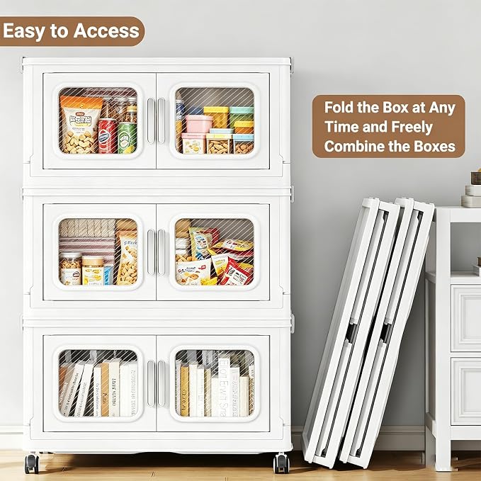 BROVIEW 660 Qt Extra Large Stackable Storage Bin with Lid, 3 Pack White | 165Gal Extra Large, Collapsible Storage Boxes with 3 Lids, Folding& Rolling Plastic Drawer, Heavy-Duty Cabinet Organization