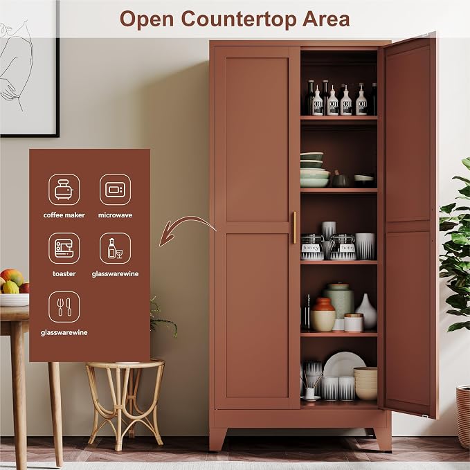 YAUWOH 71''Metal Cabinet with 4 Adjustable Shelves,5-Tier Pantry Storage Cabinet,Kitchen Pantry Cabinet for Living Room,Dining Room(1PC,Brown)