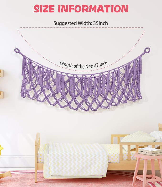 Stuffed Animal Net Hammock, Save Space Eliminate Clutter (Lavender) | Premium Cotton Hand-knitted plush hammock, Boho Stuffed Animal Storage for Nursery, Bedroom Decor, playrooms