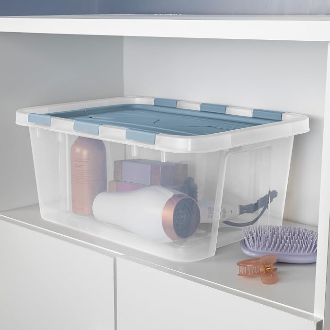 Sterilite 18 Pack Hinged Lid Storage Box, 20 Qt Plastic Container, Washed Blue - Home Organizer Tote for Storing Shoes, Crafts, Clothing, or Decor