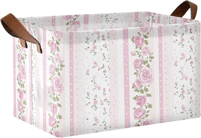 Pink and White Striped Rose Floral Storage Basket Foldable Cube Storage Bin with Handles&Label Collapsible Organizer Box Bin Large Rectangle Decorative Basket for Shelve Home Living Room Closet