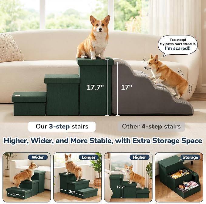 3-Step Wide Dog Stairs with Hidden Storage 18" H, Non-Slip Dog Steps for High Bed Couch Window Car, Jiont-Friendly Pet Stairs Ramp for Small/Medium/Large Old Dogs Cats Up to 200lbs, Dark Green