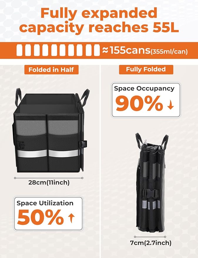 Oasser Car Trunk Organizer Collapsible Multi Compartments SUV Trunk Organizer with Reflective Strip Foldable Cover | 4 Mesh Pockets, 600D, Non-Slip Bottom, Reflective Strip, 35kg Load, for SUV Saloon Estate Daily Storage, Shop & Family Trip