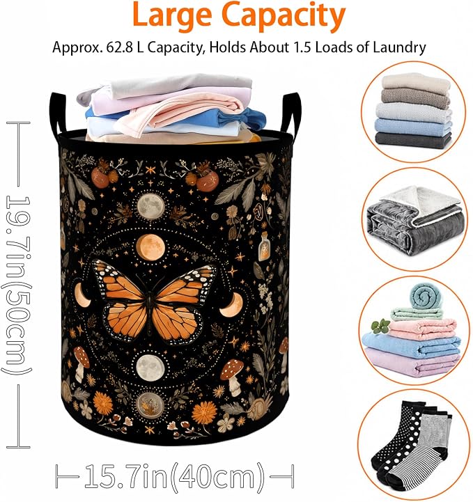 Mystic Butterfly Laundry Basket, Moon Floral Mushroom Oxford Cloth Dirty Clothes Collapsible Hamper for Room Decor, Boho Gifts, Toy Organizer 19.7 x 15.7 Inches for Bedroom Bathroom Dorm