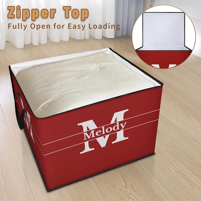 Personalized Extra Large Storage Basket with Lid, Comforters, Initial Letter Bedding Toys Red Color Storage Bin with Handles for Home, Collapsible Basket for Clothes, Moving, Car Trunk