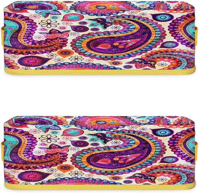 Paisley Folk Style Bathroom Storage Basket, Foldable with Handle Open Countertop Paper Towel Decorative Box, Toilet Tank Top Shelf Baskets for Home Closet Bedroom Living Room Office