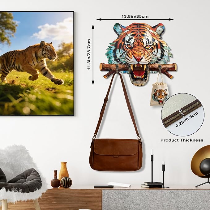 Goodangie00 13.8" Wooden Wall Art Decor with 4 Rustic Hooks, Creative Tiger Design Key Holder Wall Mount for Entryway, Bathroom, Kitchen, Bedroom, Clothes, Collars, Leashes, Home Decor