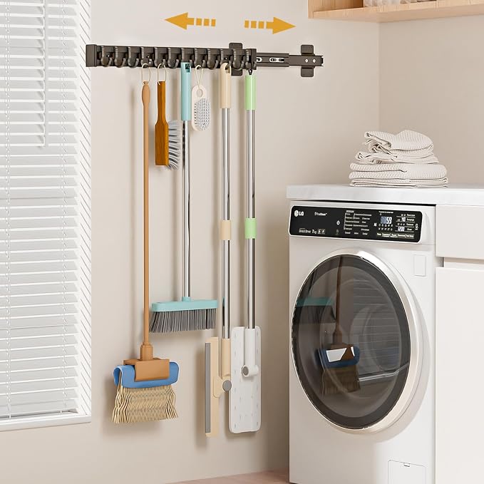 Pull Out Broom Holder With 12 Adjustable Row Sliding Hook - Black 20.1inch | High Load Capacity, Multifunctional Slide Broom And Mop Storage/Organizer Garage Organization Hook, for Closet Laundry Garage