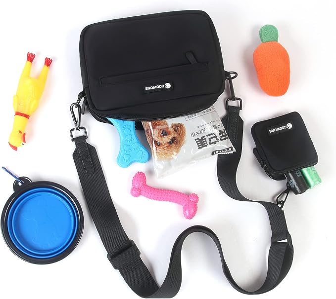 Dog Treat Pouch with Removable Small Pet Training Treat Pouches, Built-in Poop Bag Dispenser, Adjustable Shoulder Strap Cross Body Dog Walking Bag (Black)