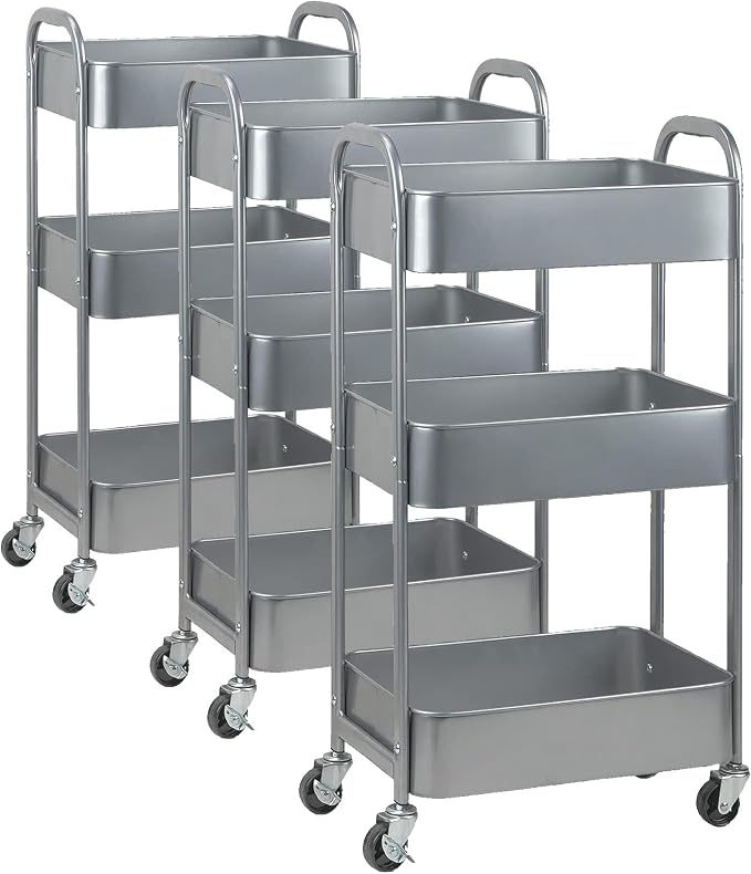 MAX Houser 3-Tier Rolling Utility Cart with Caster Wheels,Easy Assembly, for Kitchen, Bathroom (Silvery-Grey) (Pack of 3)