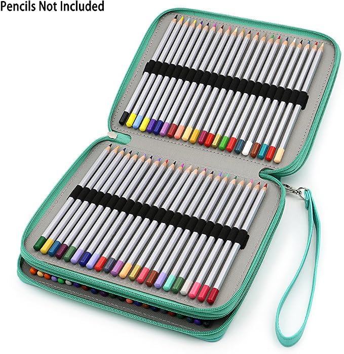 BTSKY Deluxe PU Leather Pencil Case For Colored Pencils - 120 Slot, Green | Pencil Holder with Handle Strap Handy Colored Pencil Box Large for Artists, Adults Coloring, Sketching, Drawing